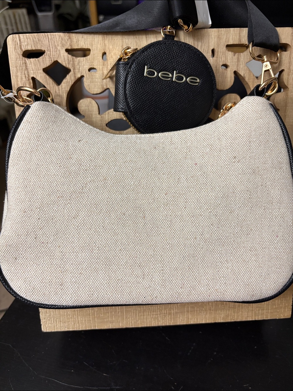 bebe Beige and Black Canvas Shoulder Bag / crossbody with Coin Pouch - Picture 4 of 6